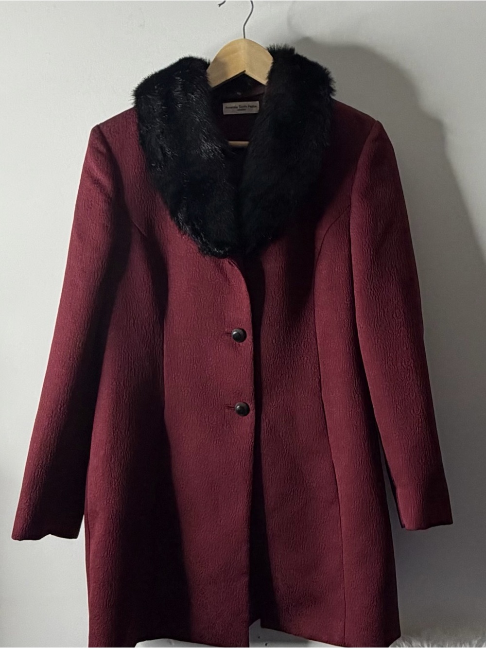 Amanda Smith Burgundy Pea Coat with Black Faux Fur Collar
